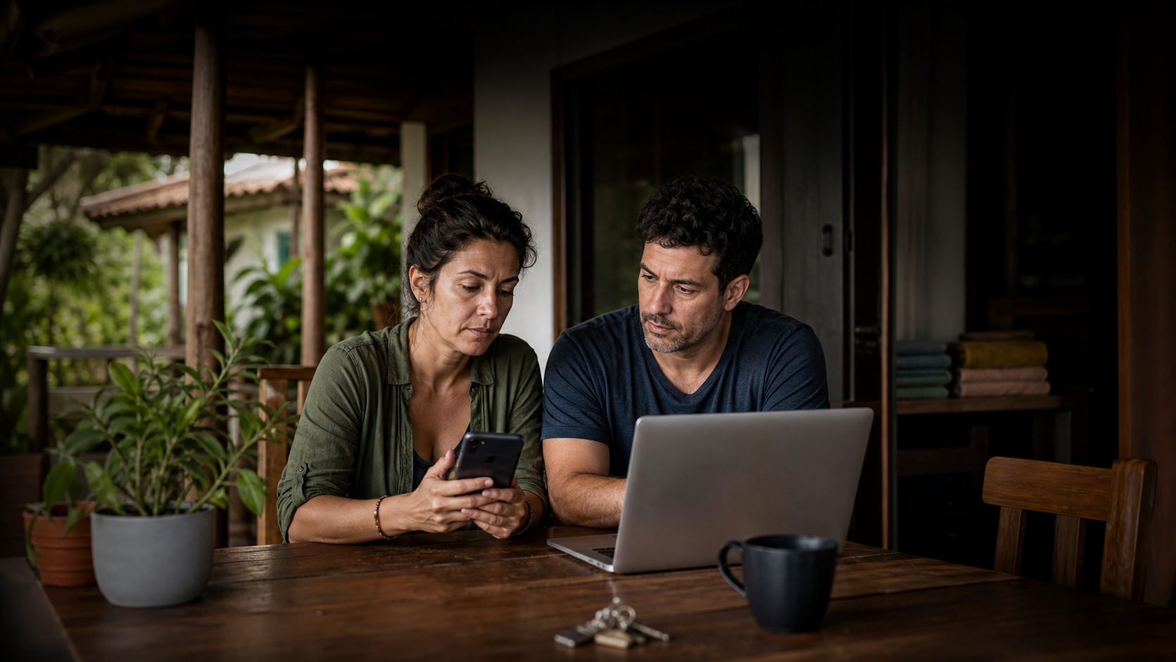 Casal de anfitriões conferindo mensagens de hóspedes no celular e no notebook